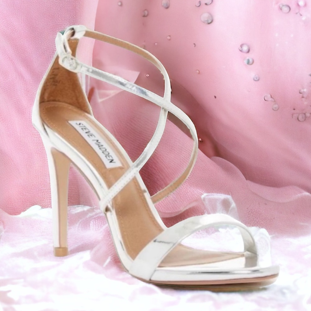 7 Steve Madden Silver Stiletto 4 1/4" High Heel Shoes Strappy Holiday Sparkle